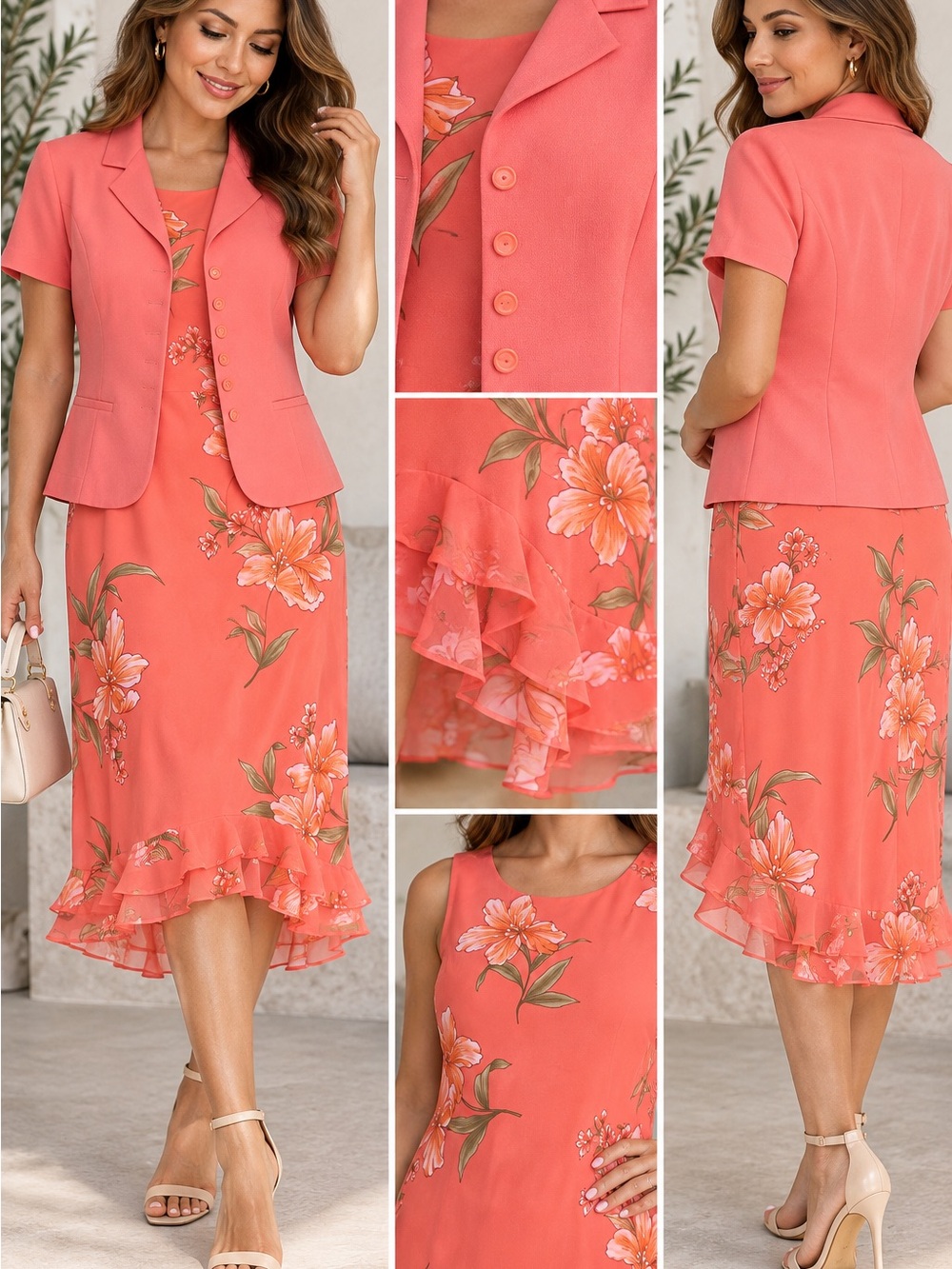 Studio I Petite 12P Coral Floral Maxi Dress Blazer 2PC Ruffle Wedding Set